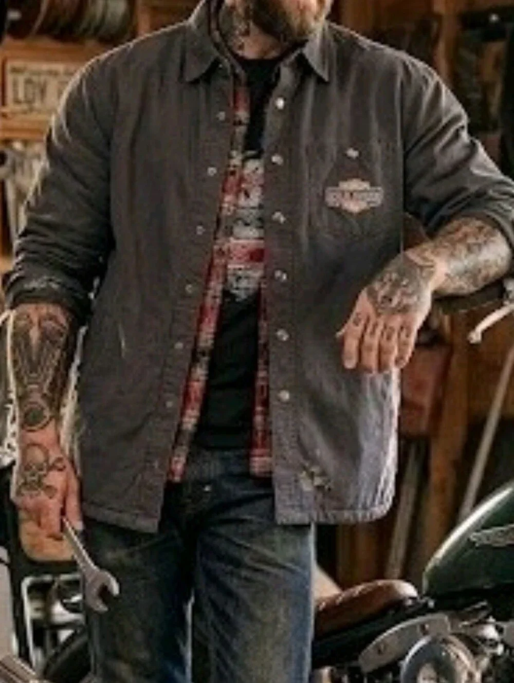 Harley-Davidson Rare 2007 Canvas Shacket Shirt Jacket Plaid Flannel Lining Biker